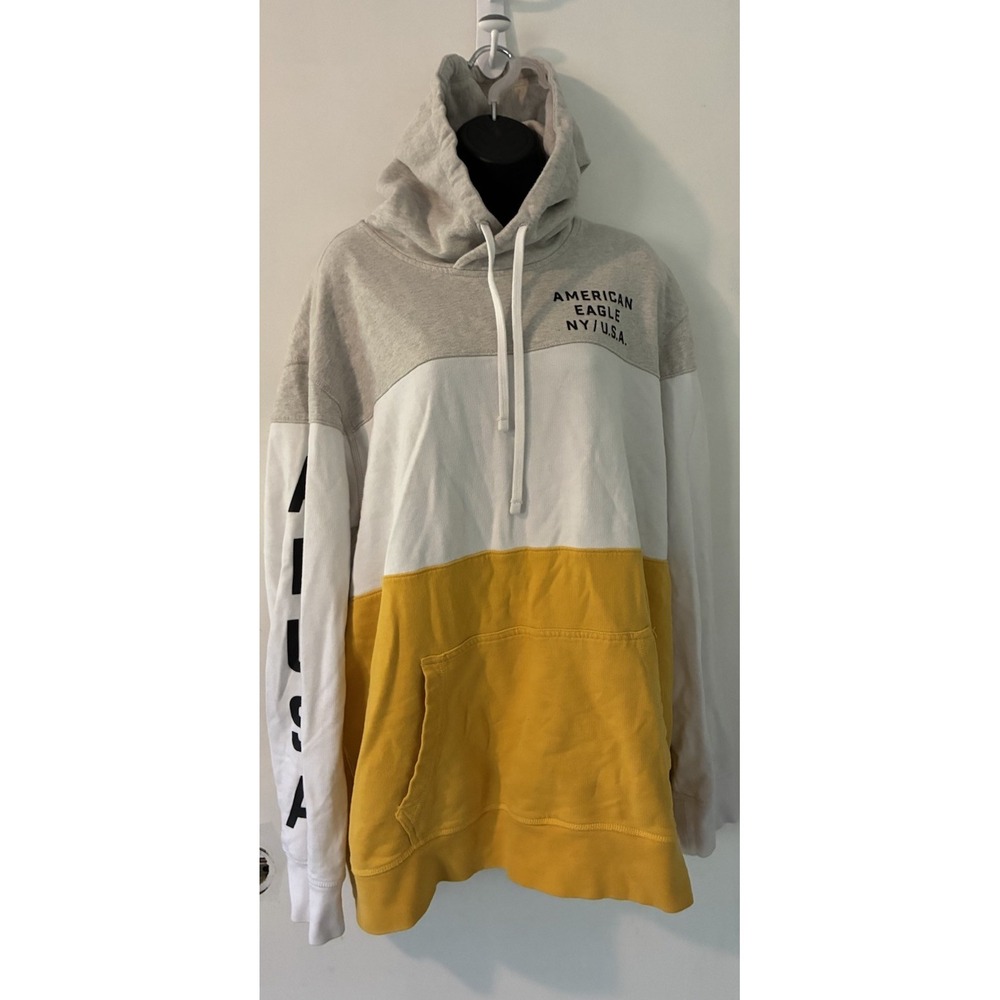American Eagle Gray Yellow Color Block 2XL Hoodie Logo Kangaroo Pocket Heavy